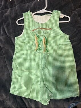 Glorimont Vintage Green Gingham Fish Embroidered Baby Romper